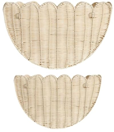 Huease Scalloped Wall Basket,Hand Woven Hanging Wicker Wall Baskets Set, 16 x 10 x 7 & 14 x 8 x 6 Inch Scalloped Rattan Wall Basket Decor for Home,Bathroom,Living Room Organizing