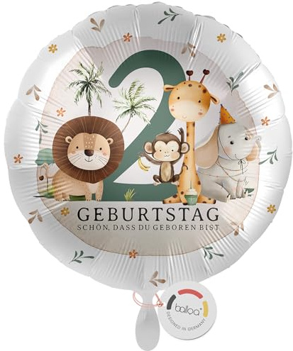 balloa Folienballon 2 Jahre Safari Motiv mit Löwe Giraffe Affe Elefant, Geschenk zum zweiten Kindergeburtstag, Helium Ballon Dschungel Tierparty Deko, Luftballon Feierdekoration, 33cm