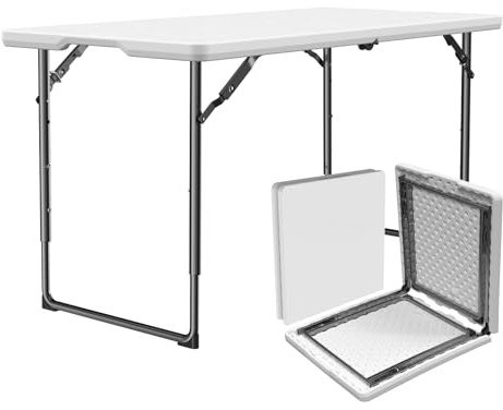 MAKE CHANGES Folding Table 4ft - Heavy Duty Fold-in-Half Plastic Table with Adjustable Height, Portable Utility Tables with Steel Legs for Indoor, Outdoor, Picnic, Camping, Dining, Party (White)