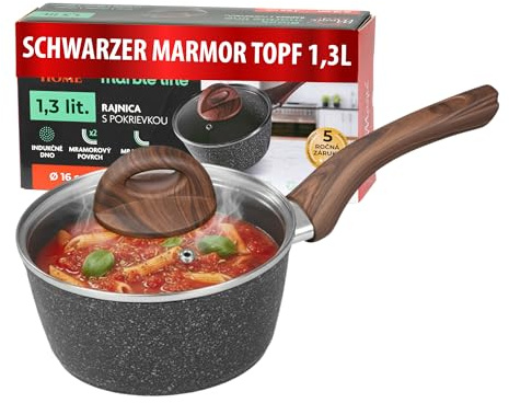 MAGIC HOME Stielkasserolle 16 cm INDUKTION | Marmor Antihaft Kasserolle mit Deckel | Kleiner Topf | Saucepan für Alle Herdarten, Induktionsherd | Ergonomischer Griff in Holzoptik | Black Marble Line