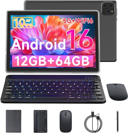 Vyrolinia Tablet Android 16 10 Inch 12GB RAM+64GB ROM/ 1TB Expandable Tablet, 1280 * 800 HD Touch Screen, 5G WiFi6 BT 5.0, 2 in 1 Tablets with Keyboard Case Mouse Stylus (Black)