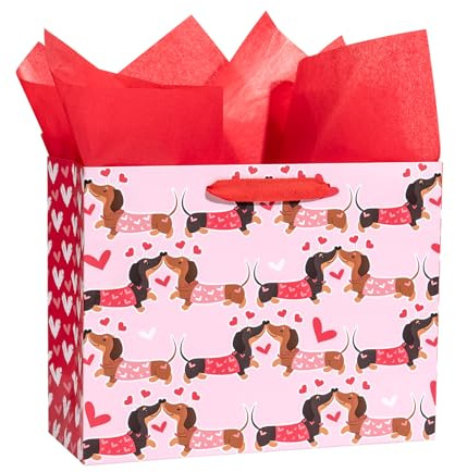 Loveinside 13 Dachshund Valentinstag große wiederverwendbare Geschenktasche mit Griffen - Pink Kiss Dachshund Geschenktasche für Valentinstag, Hochzeit und Jubiläum