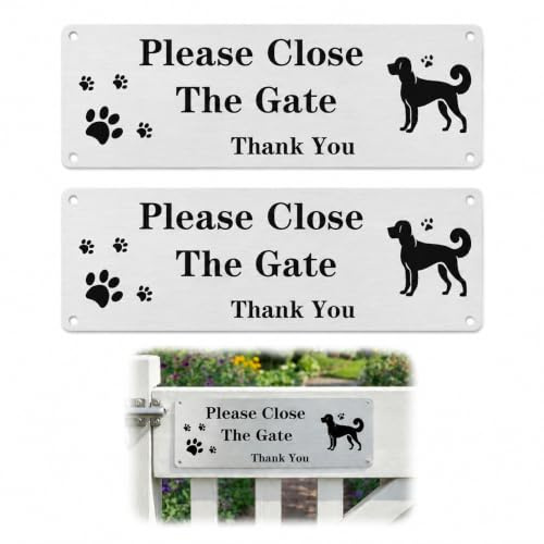 2PCS Please Close The Gate Sign - Metal Aluminium Reflective Gate Sign - Waterproof UV Resistant Rustproof Warning Plaque - Easy Installation with Pre-Drilled Holes - Outdoor Garden Fence Wall Use