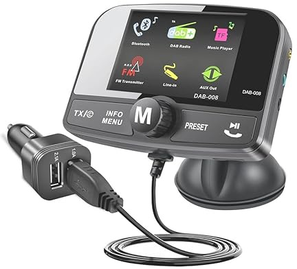 LuxBlue Voiture Radio DAB, Adaptateur Radio DAB/DAB+ et Transmetteur FM Bluetooth, Adaptateur DAB Auto Balayage de Stations, Récepteur DAB Voiture avec AUX In/Out+2 Port de Charge USB+Support Carte TF