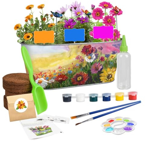 SEWACC Kit de Jardinería Macetas de Hierro Set de Cultivo DIY para Plantar Flores Pintura Creativa Adecuado para Interior y Balcón Kit de Plantación y Manualidades Educativas