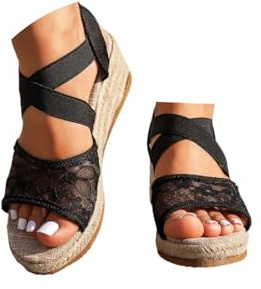 Plattformssandaler kvinnor sommar dressy Espadrille kilar plattform casual högklackade öppen tå sandal sommar ledig plattform bohemisk slip-on kil sandal med elastisk ankelrem promenadskor, A* svart