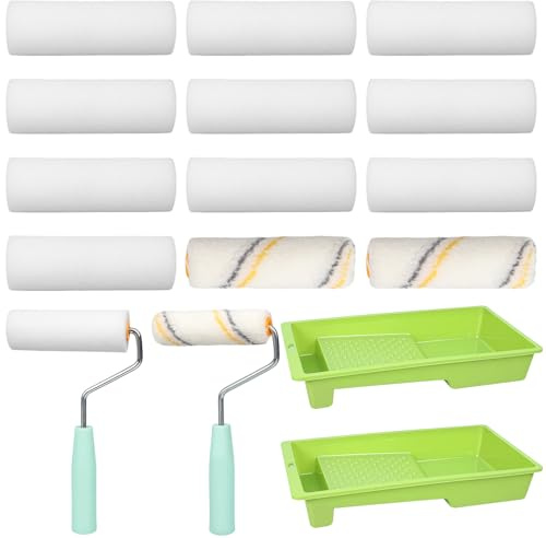 Lackierset 10 x Schaumwalze,2 x Farbwalze Klein,2 x Farbroller Bügel,2 x Farbwanne,Lackierrolle Schaumstoff Rollen,für Wandfarbe,Decke & Türen – Malerwalze Set mit Sauberem,Streifenfreiem Farbauftrag