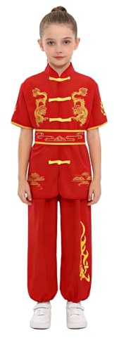 iiniim Disfraz Chino Tradicional de Wushu Traje Chino Niños Disfraz de Artes Marciales Uniformes con Bordado de Dragón Traje de Kung Fu Qi Gong Tai Chi Ala Chun Rojo 7-8 años