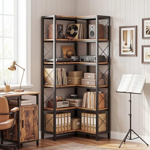 IRONCK Bücherregal, 6-stöckiges L-förmiges Eckbuchregal mit verstellbaren Füßen, Industrielles Eckregal für Wohnzimmer, Schlafzimmer, Home Office, Rustik Braun, 60×60×167cm
