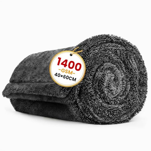 Omtofo Toalla Secado Coche 60 * 40cm, 1400GSM Toalla Microfibra Coche Super Absorbente, Sin Pelusa ni Rayones, Secado Rápido Sin Rayas Coches, Motos, Barcos y Detallado de Vehículos (Gris)