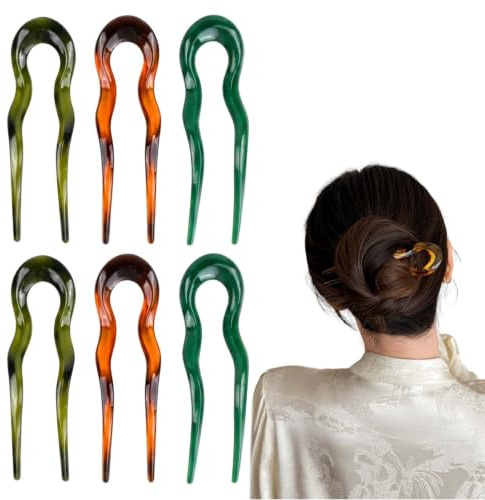 6 st u-formade hårsmycken, hårnålar fransk hårnål hårgaffel av acetat, halkfri, fransk twist hårnål hög stickning frisyr chignon pins för kvinnor (grön, mörkgrön, orange)