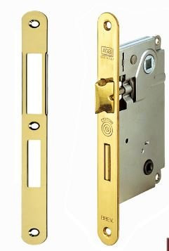 Serratura AGB serie Centro scrocco reversibile e mandata OTTONATO VERNICIATO azionato dal quadro da mm 6 Frontale mm 18x196