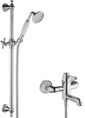 PaulGurkes Wannenarmatur Aufputz Retro Handbrause Duschstange Nostalgie Set 2-Wege Einhandmischer weiße Keramikeinlagen Duschsäule mit verstellbarer Neigung Landhausstil Bad Armatur Vintage Chrom