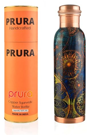 PRURA Kupfer-Wasserflasche, auslaufsicher, ayurvedisches reines Kupfergefäß.