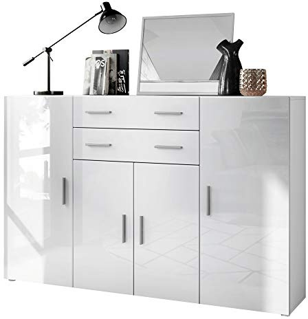 Vladon Highboard Aron Anrichte mit 2 Schubladen und 4 Türen mit insgesamt 8 Fächer dahinter, Weiß matt/Weiß Hochglanz (166,5 x 106,5 x 35 cm)