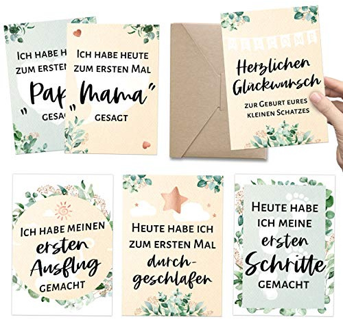 30+1 Meilensteinkarten als Geschenk zur Geburt: Unvergessliche Fotos + Babytagebuch inkl. Geschenkbox & Glückwunschkarte | DIN A6, deutsch, Moderne Milestone Fotokarten in Eukalyptus & Greenery Optik