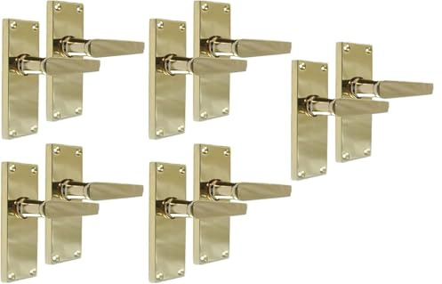 Haven Heritage® Door Handles – Polished Electro Brass Plated Straight Lever Latch Handles (5 Pairs) | Victorian Style Internal Door Handles | 118mm x 42mm Backplate with Screws & Spindle