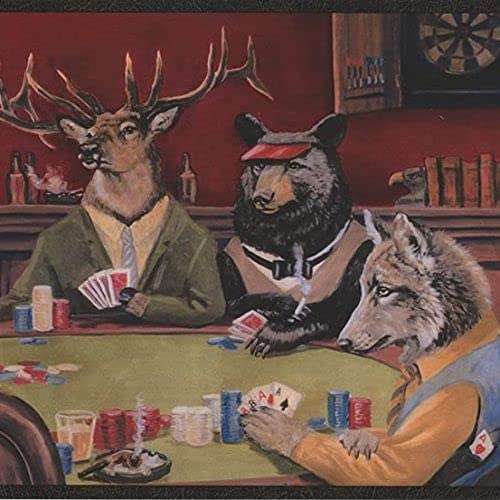 CONCORD WALLCOVERINGS ™ Wallpaper Border Vintage Poker Pattern Moose Bear Elk Fox Sheep Playing Game for Dining Area Cottage, Brown Green Blue Yellow Red Black, Size 9 Inches by 15 Feet LL50163B