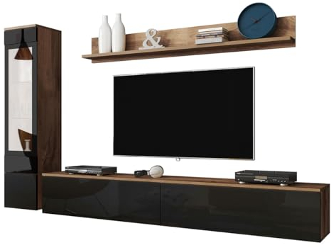 Mirjan24 Wohnwand Doppo I, Schrankwand, griffloses Öffnen, Fernsehschrank, Anbauwand, Mediawand, Wandregal, TV-Lowboard, Hängevitrine (Wotan/Schwarz Hochglanz, ohne LED Beleuchtung)