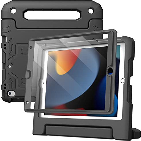 JETech Kinder Hülle für iPad 9./8./7. Gen 10,2, Schwarz | Für iPad 10,2 (2021/2020/2019), Integrierter Displayschutz, Griffständer, Stoßfester Rundumschutz, Kinderfreundliches Design