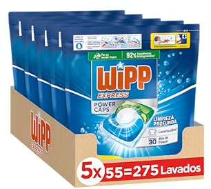 Wipp Express Power Caps Detergente en Cápsulas para Lavadora, Pack de 4, Total 220 Dosis, Limpieza Profunda, Eficaz en Agua Fría