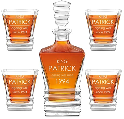 Maverton Geometric Whiskey Set for Man - Engraved Glassware for Birthday - Symmetrical Barware for Whisky Lover - Elegant Whiskey Decanter with 4/6 Glasses for him - for Connoisseur - Year