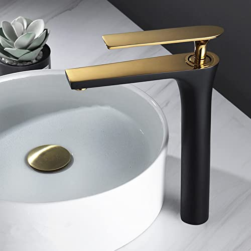 Badezimmer-Waschtischarmatur Schwarz Gold Hohes Messing Gebürstetes Gold Badezimmerarmatur Kalt- Und Warmwassermischer Waschbeckenbatterie Deck MountedTap,schwarz Gold Hoch