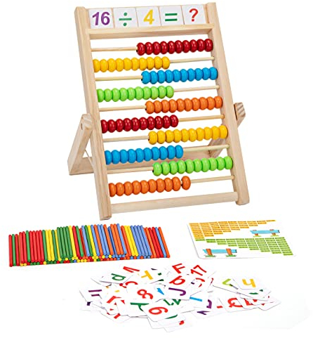 Wisplye Grundschule Rechenschieber Abakus für Kinder ab 3 Jahre, Rechenrahmen Montessori Spielzeug Lernspiele mit 100 Bunte Perlen, Zählstäbchen und Zahlenalphabetkarten