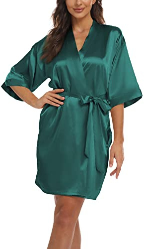 Teemie Dammorgonrock, badrock, satin, kimono, rock, nattkläder, med bälte, fickor, brud, brudtärnor, kort, sexig, v-ringad, nattlinne, sommar, kvinnor, 3/4 ärmar, pyjamas, bröllop, fest, Mörkgrön, S