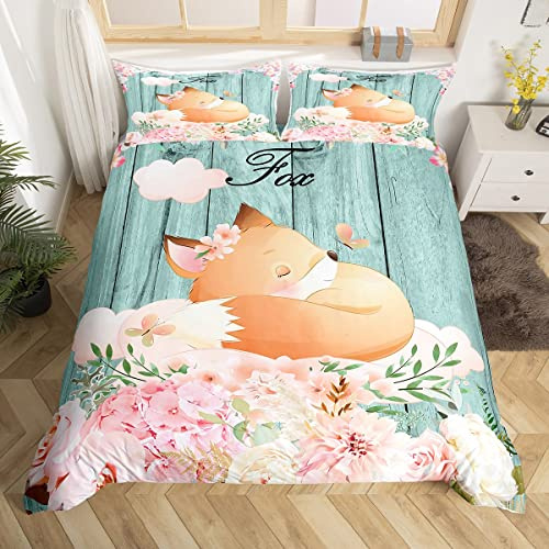 Homemissing Set di biancheria da letto con volpe carino copripiumino per bambini e bambini, motivo: volpe, copriletto in legno, 3 pezzi