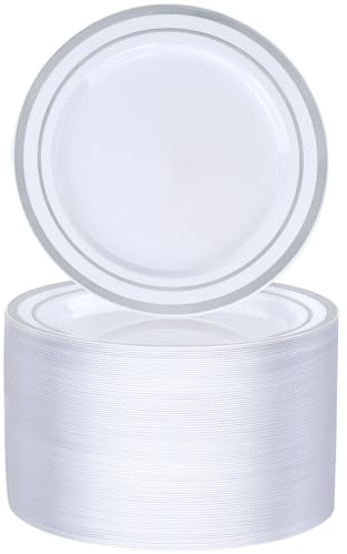 BESTVIP 100PCS 7 Inch Silver Plastic Dessert Plates, Disposable Plate with Silver Rim for Salad/Samll Cakes, Heavy Duty Plates for Party, Wedding and Birthday, Events