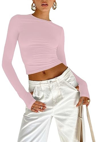 OYIGELZ Langarmshirt Damen Basic T-Shirt Langarm Crop Top Y2K Slim Fit Oberteile Casual Rundhals Tee Shirt(Hellrosa,S)