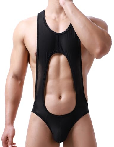 WMIERFI Herren-Bodysuit, Tanga, G-String, Turnanzug, Netzstoff, Wrestling, Einteiler, Unterwäsche, Basisschichten, Schwarz, L