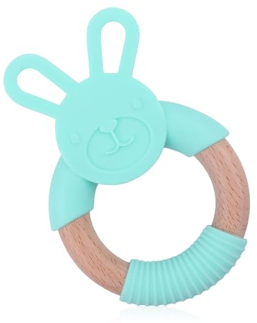 Rumyve Baby Teething Toy Bunny Ring for 0-24 Months, Wooden Baby Toy, Easter Gift for Newborn Boys and Girls, Sensory Development and Pain Relief (Green)