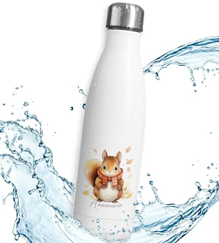 timalo® Thermosflasche Weihnachten personalisiert mit Namen auslaufsichere Edelstahl Trinkflasche Geschenk Wasserflasche für Männer Frauen Kinder Mädchen Jungen 500mL | Eichhörnchen-3