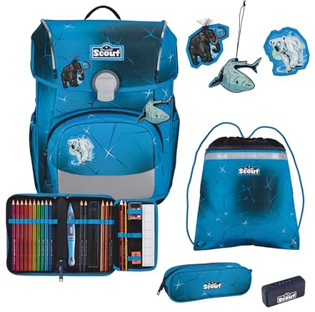 SCOUT Der echte sicherer Schulranzen, Neo Exklusiv Safety Light Polar Blue, 5er-Set, ca. 21,5 l Volumen, ca. 1.250 g Gewicht (ohne abnehmbare Elemente)
