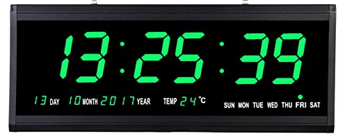 LNINNERY LED Digital Wanduhr 480 x 190 x 30 mm mit Thermometer Digitale Wanduhr für Zimmer Küche Büro (grün)