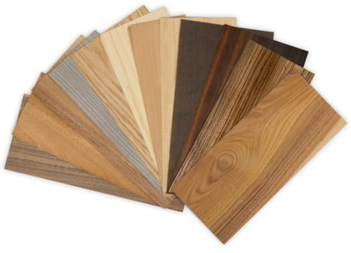 Kontrasti Furnier Set für Intarsien / 12 Holzarten x 24 Blatt Holzfurnier, fertig zum Basteln, Gestalten, Modellbau, restaurierung Holz DIY