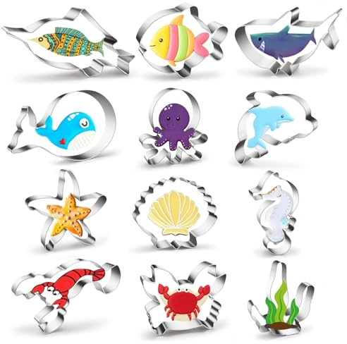 Marine Animals Cookie Cutters Shapes for Baking, Stainless Steel 12 PCS Biscuit Cutter Mould Set, Funny Fish Shapes Cookie Cutter Baking Mould for Kids Birthday Party Easter DIY Cake Decoration