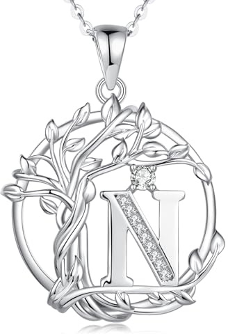 FANCIME Lebensbaum Buchstaben Kette Damen, 925 Sterling Silber A-Z Alphabet Initialen Anhänger Halskette Schmuck Geschenke für Damen Frauen Mädchen, Kettenlänge: 40+5 cm