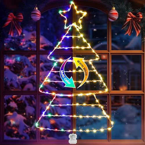 Quntis Julgransbelysning Batteridriven 75CM 143LED Julbelysning Hängande Lampor Fällbara Fönster Timer 8 Modes Julbelysning Väggdekoration Fönster Hus Inomhus Utomhus, Varmvit Och Färg