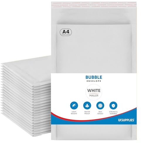 UK SUPPLIES LIMITED DL A6 A5 A4 A3 (Pick Size & Qty) Padded White Bubble Envelopes Peel & Seal Bags Bubble Mailer Postal Wrap Envelope Parcel Mailers for Mailing Goods, A4 230mm x 340mm 20 Pack