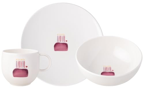 Villeroy & Boch With Love Happy Birthday Service de petit-déjeuner 3 pièces | Assiette à petit-déjeuner (21 cm), bol à céréales (17 cm) et tasse à anse (290 ml) | Vaisselle avec motif d'anniversaire |