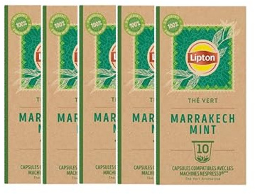 Lipton Thé Vert Marrakech Mint, 50 Capsules Compatibles Nespresso, Antioxydant et Parfumé, Menthe Fraîche et Délicate, Label Rainforest Alliance, 5x10 Capsules