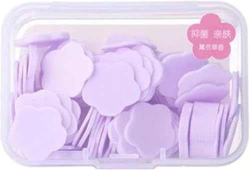 Sluswallow 100Pcs Purple Mini Portable Travel Soap Paper Sheets,Flower Shape Disposable Paper Soap Flakes, Hand Wash Cleaning Washing Hand Toiletry Sheets Foot and Hand Care Cleansers