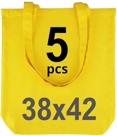 IDEA HOME-5 Stück Baumwolltasche 38x42cm- 220g - mit erweiterbarem Boden - Stoffbeutel Unbedruckt, Personalisierung Möglich – Bestickung oder Bemalung - Stofftasche mit zwei langen Henkeln - Gelb