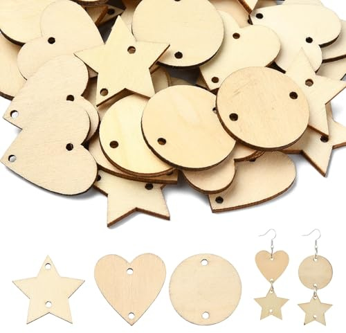 Stiesy Lot de 180 pendentifs en bois brut avec 2 trous en bois avec 200 anneaux ouverts en laiton ronds plats en forme de cœur et d'étoile pour la fabrication de bijoux
