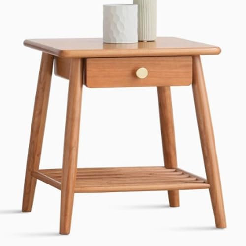 Tavolino Salotto Legno Massello con Cassetto 2 Livelli di Stoccaggio Legno di Ciliegio Tavolino da Divano，Adatto Soggiorno Camera da Letto Comodino，40×40×47cm