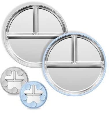 lomonmen 2 Stück Kinderteller mit Saugnapf,Edelstahlteller Baby Saugnapf,Teller mit Saugnapf,Kinder Teller BPA-frei für Baby Kleinkind und Kinder (Blau + grau)
