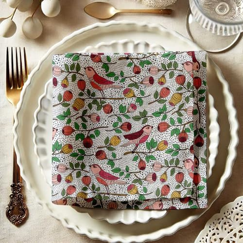 Vargottam Whimsical Bird and Fruit Print Cotton Muslin Napkins - Set of 12, 20x20 Inches, Vibrant Multi-Colored, Ideal for Spring and Summer Gatherings, Parties, and Everyday Use - Machine Washable